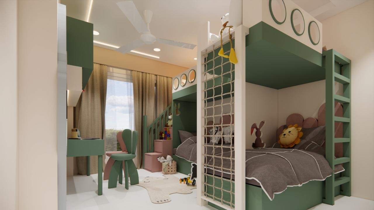 Bunk beds with storage stairs, a rope climbing net and a green study desk