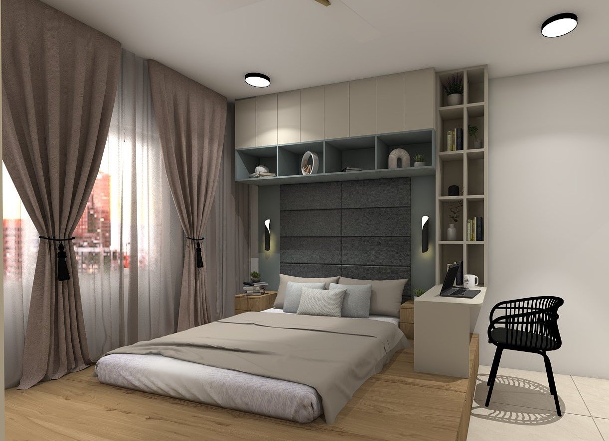 Bedroom with a raised wooden platform bed, tufted headboard and a built-in study desk