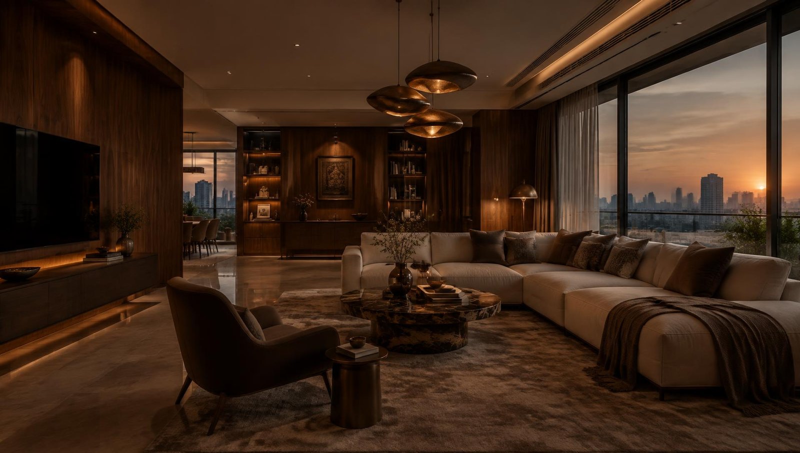 Premium living room with custom walnut panelling and designer furniture — Wood World interior design inspiration